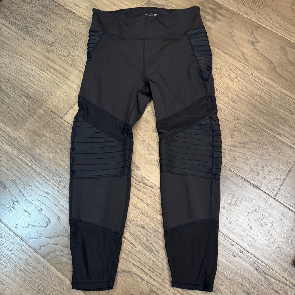Nanette Lepore XL‎ Black Moto Ribbed Mesh Panel Athletic Leggings